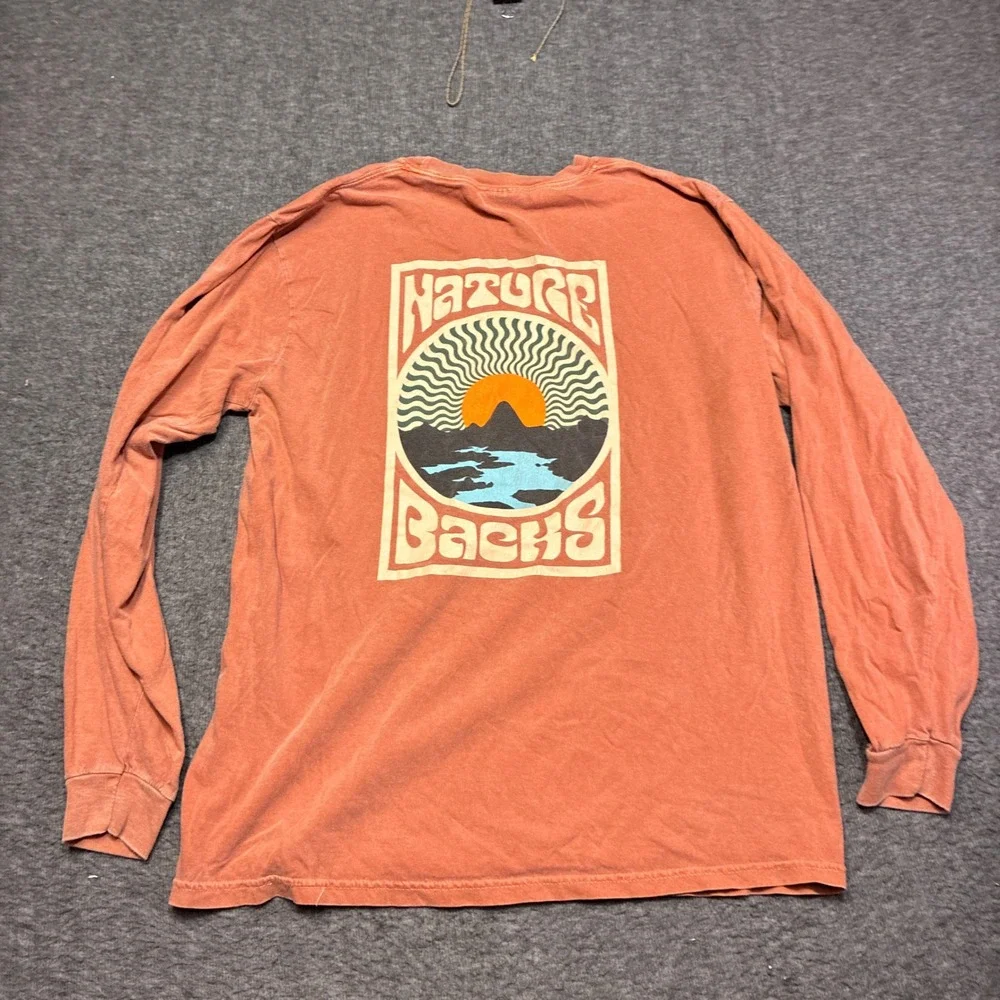 Nature Backs Long Sleeve T-Shirt Mens Large Orange Graphic Garment Dye Cotton - Picture 5 of 9
